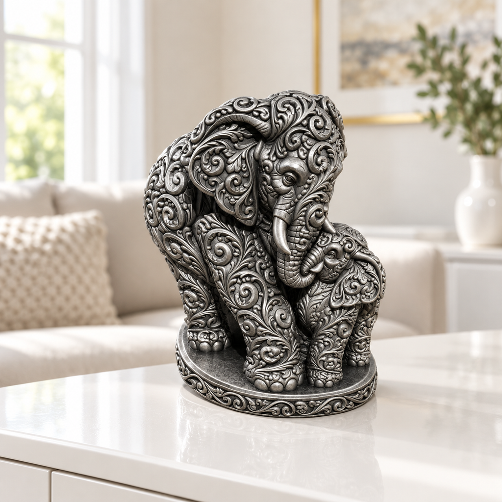 Elefant mit Kalb Ornament - Silber handbemalt Wohnzimmer
