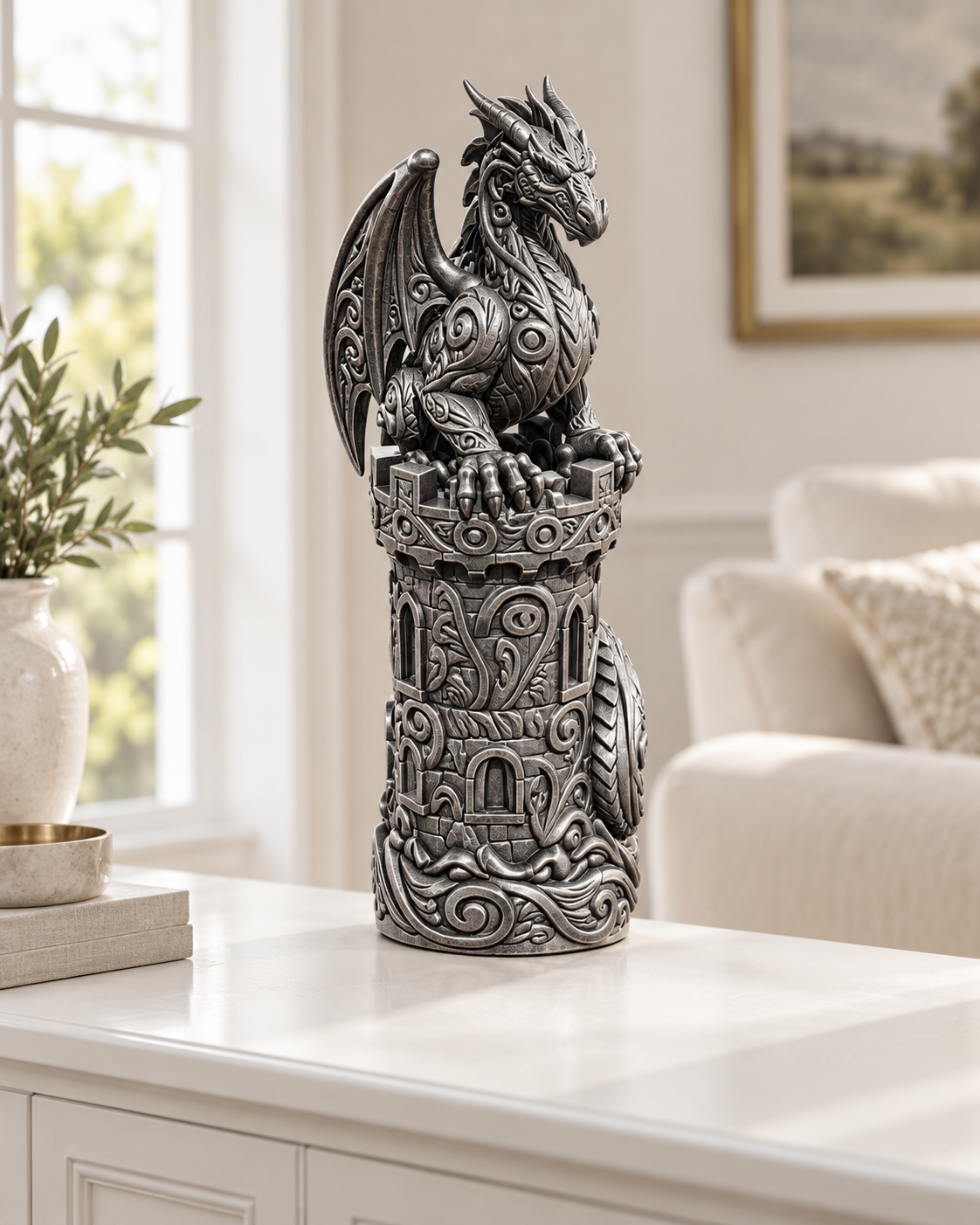 Drache auf Burgturm Ornament - Silber handbemalt Wohnzimmer