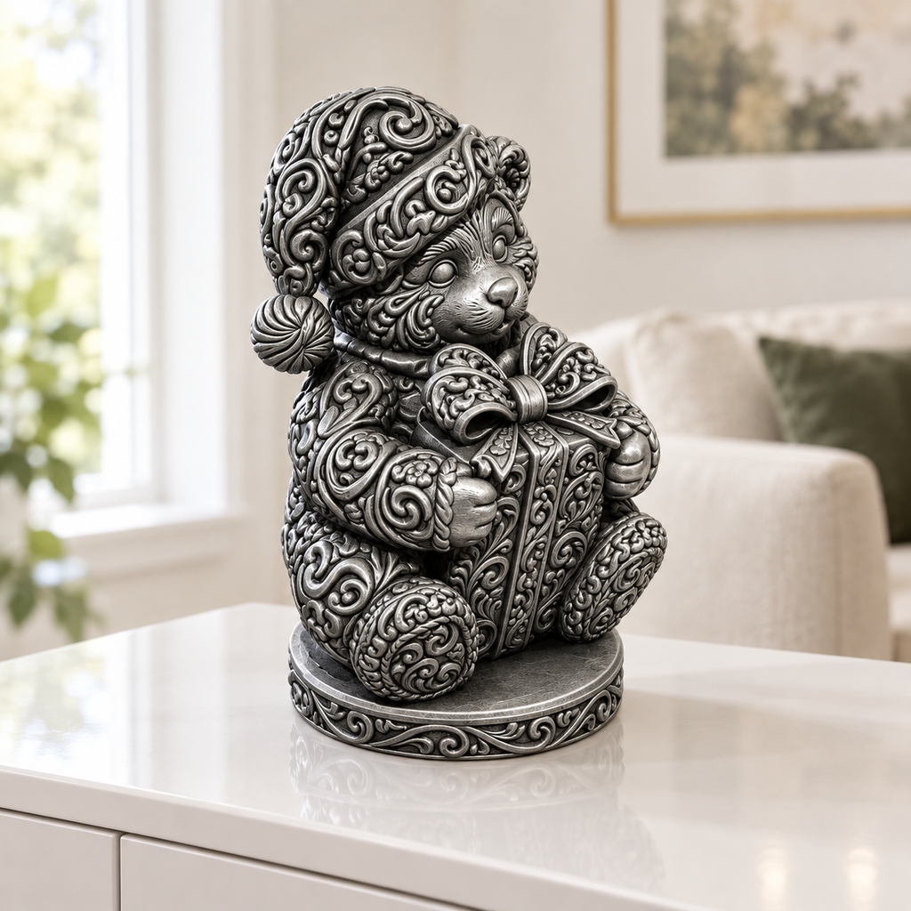 Teddy mit Geschenk Ornament - Silber handbemalt Wohnzimmer