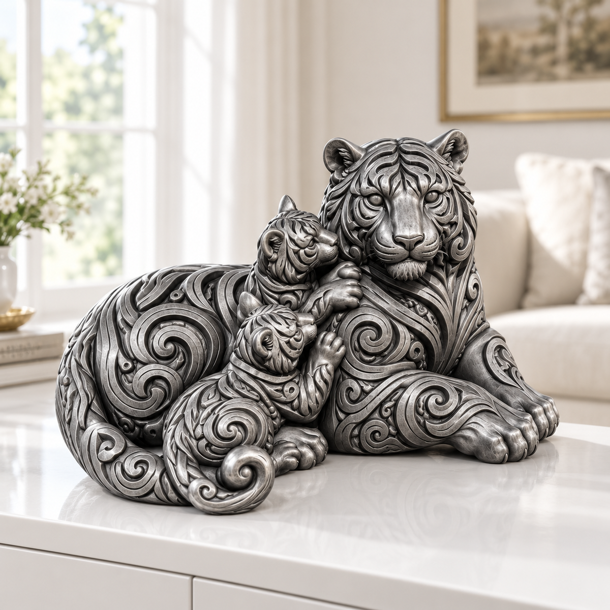 Tiger mit Jungen Ornament - Silber handbemalt Wohnzimmer