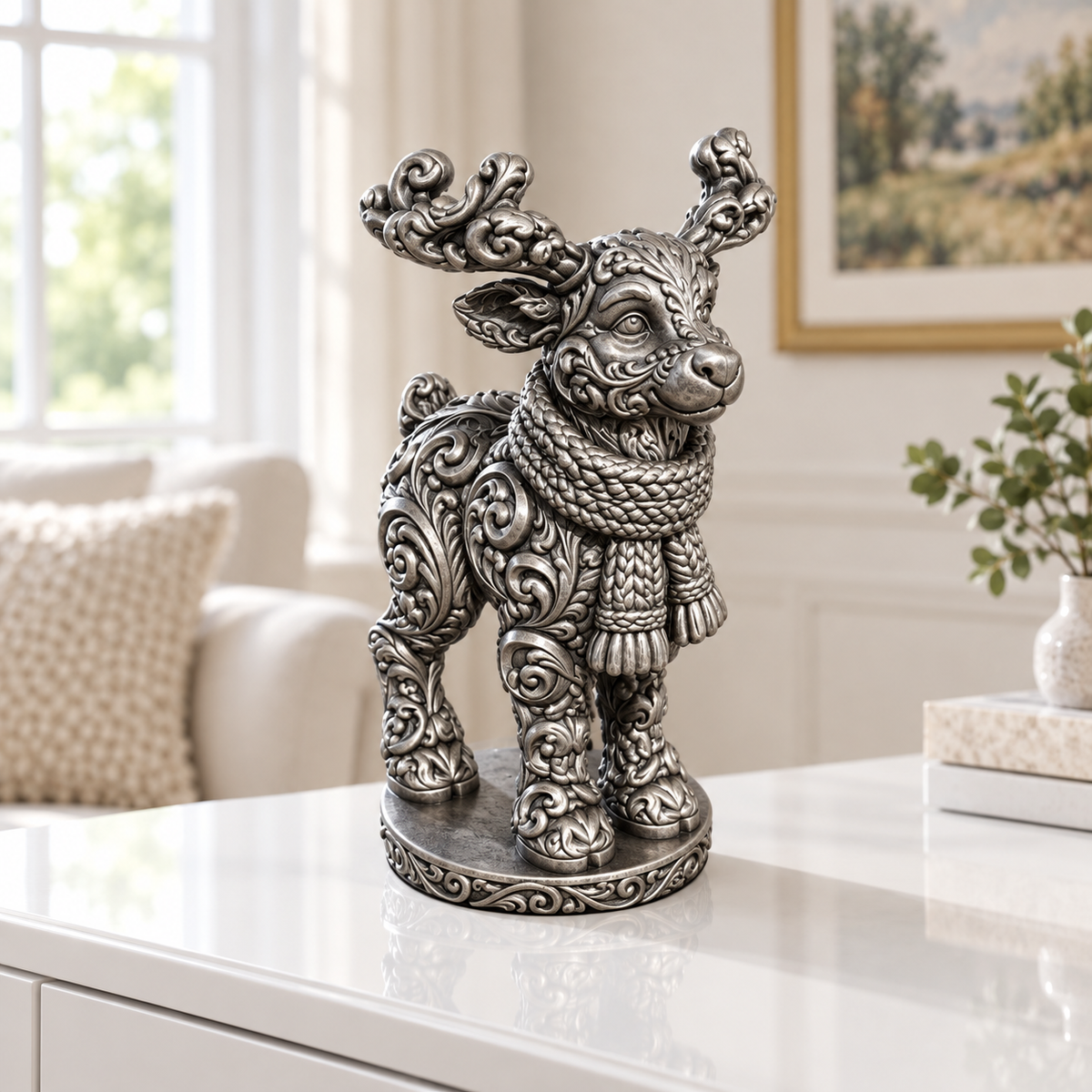 Stehendes Rentier Ornament - Silber handbemalt Wohnzimmer