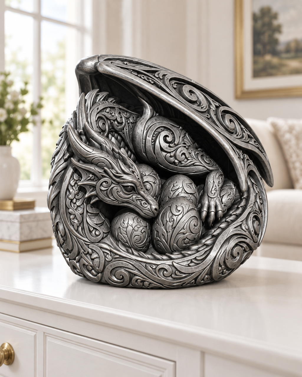 Drachenmutter mit Eiern Ornament - Silber handbemalt Wohnzimmer
