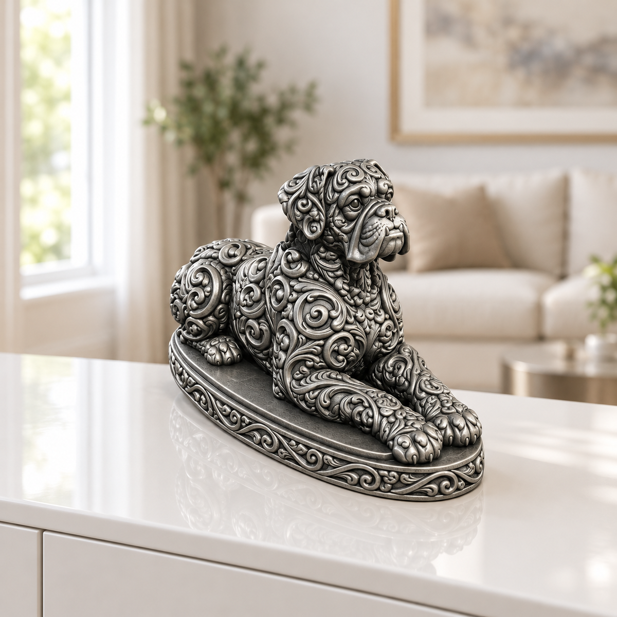 Boxer liegend Ornament - Silber handbemalt Wohnzimmer