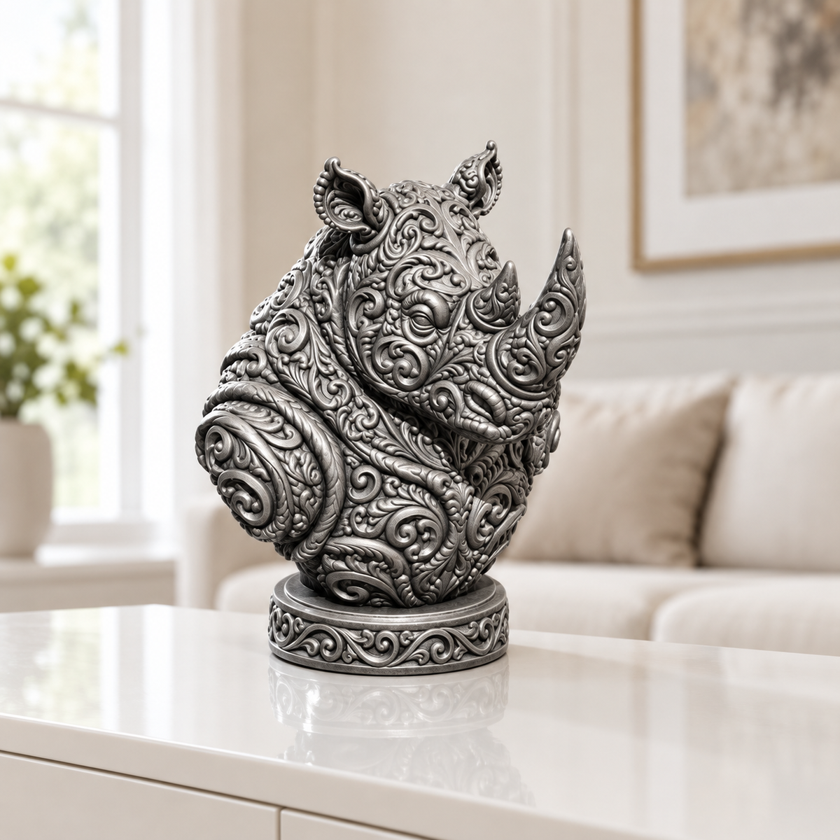 Nashornbüste Ornament - Silber handbemalt Wohnzimmer