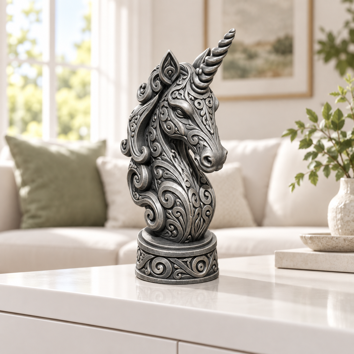 Einhorn-Büste Ornament - Silber handbemalt Wohnzimmer