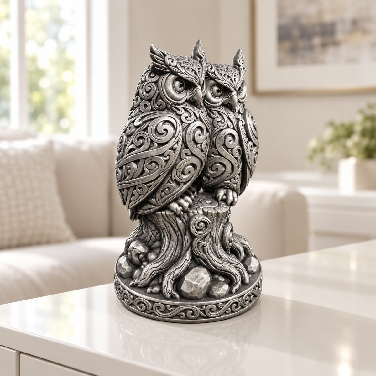 Eulenpaar auf Stamm Ornament - Silber handbemalt Wohnzimmer