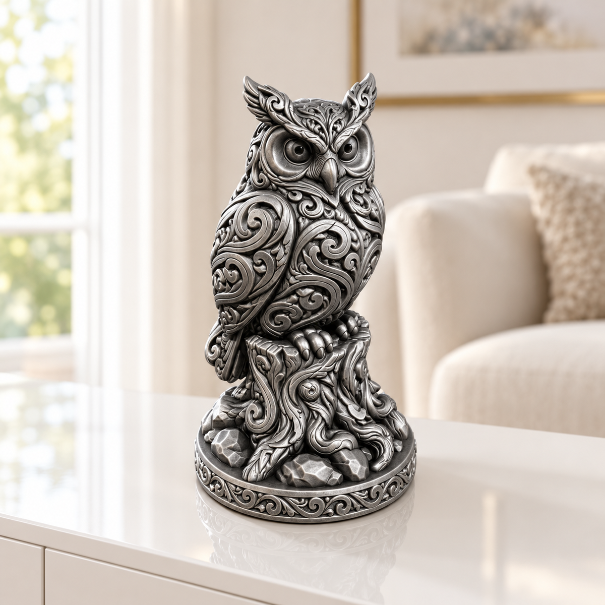 Steinkauz auf Stamm Ornament - Silber handbemalt Wohnzimmer