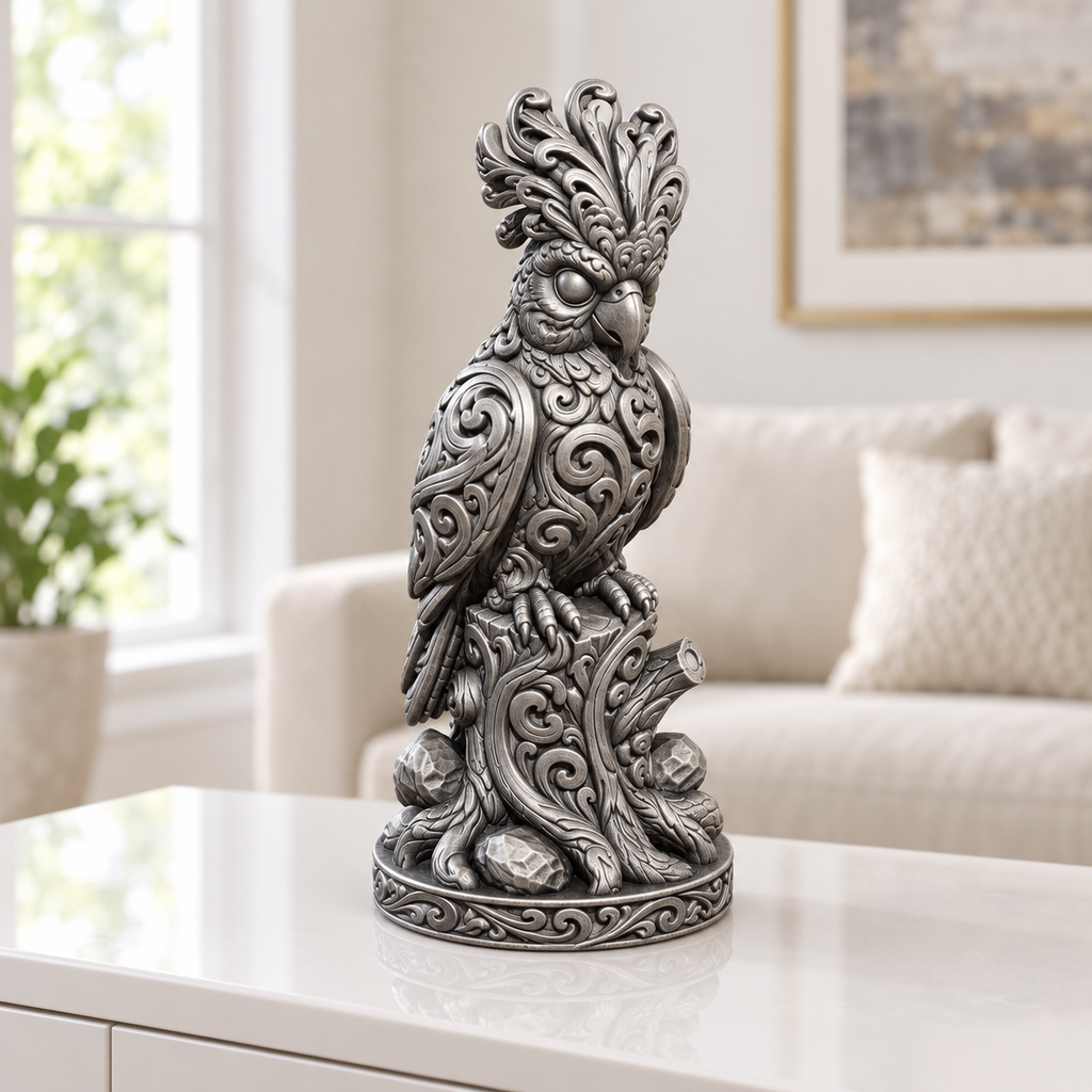 Kakadu auf Baumstumpf Ornament - Silber handbemalt Wohnzimmer