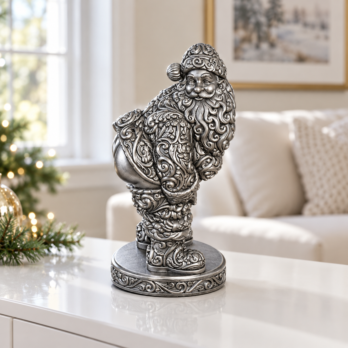 Santa mit nacktem Po Ornament - Silber handbemalt Wohnzimmer