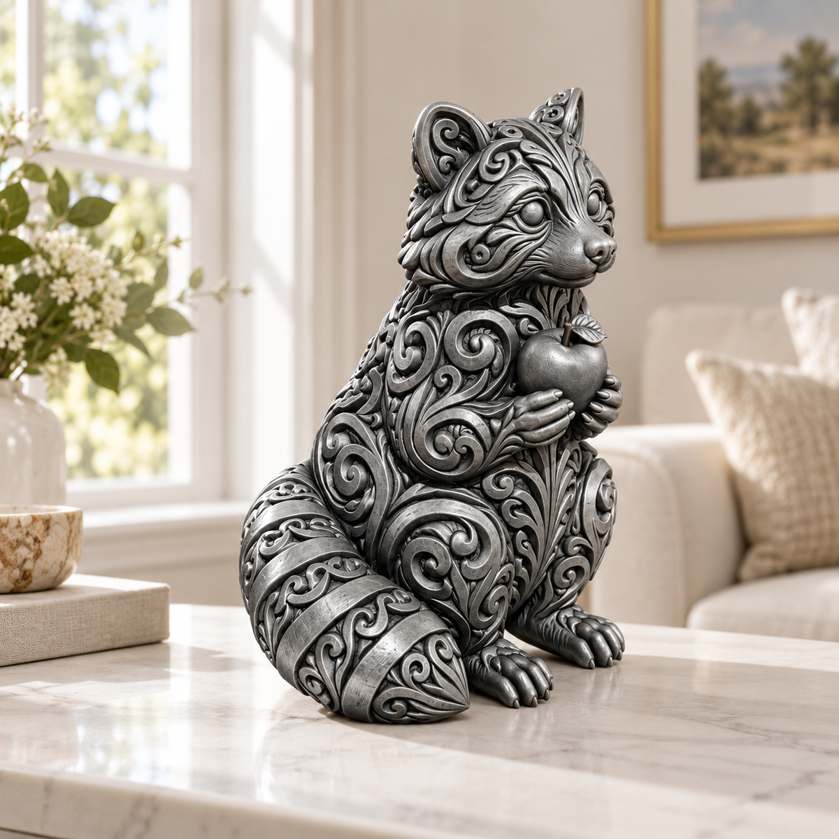 Waschbär mit Apfel Ornament - Silber handbemalt Wohnzimmer