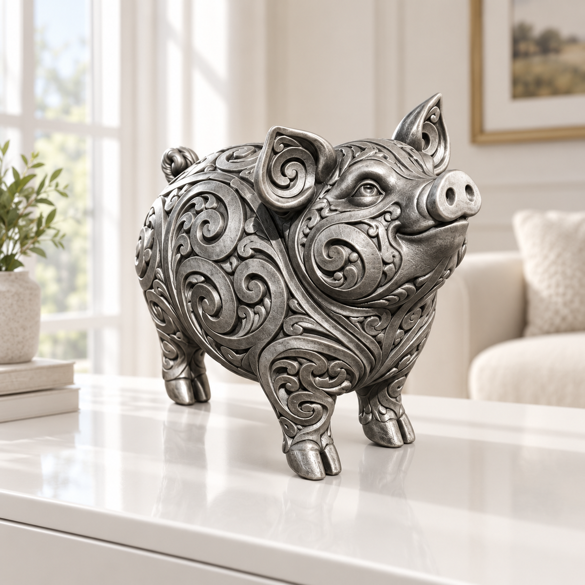 Schwein Ornament - Silber handbemalt Wohnzimmer