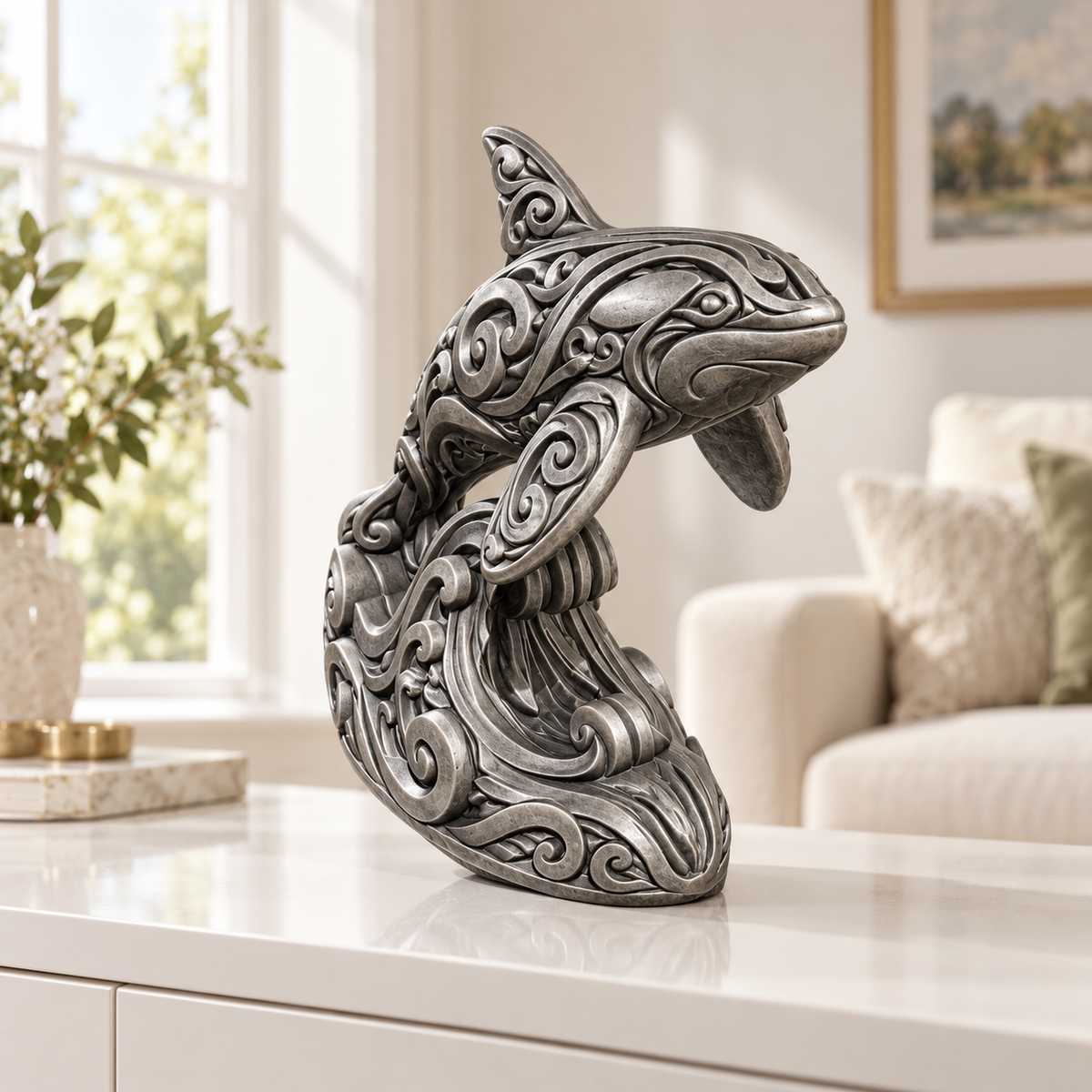 Orca auf Welle Ornament - Silber handbemalt Wohnzimmer
