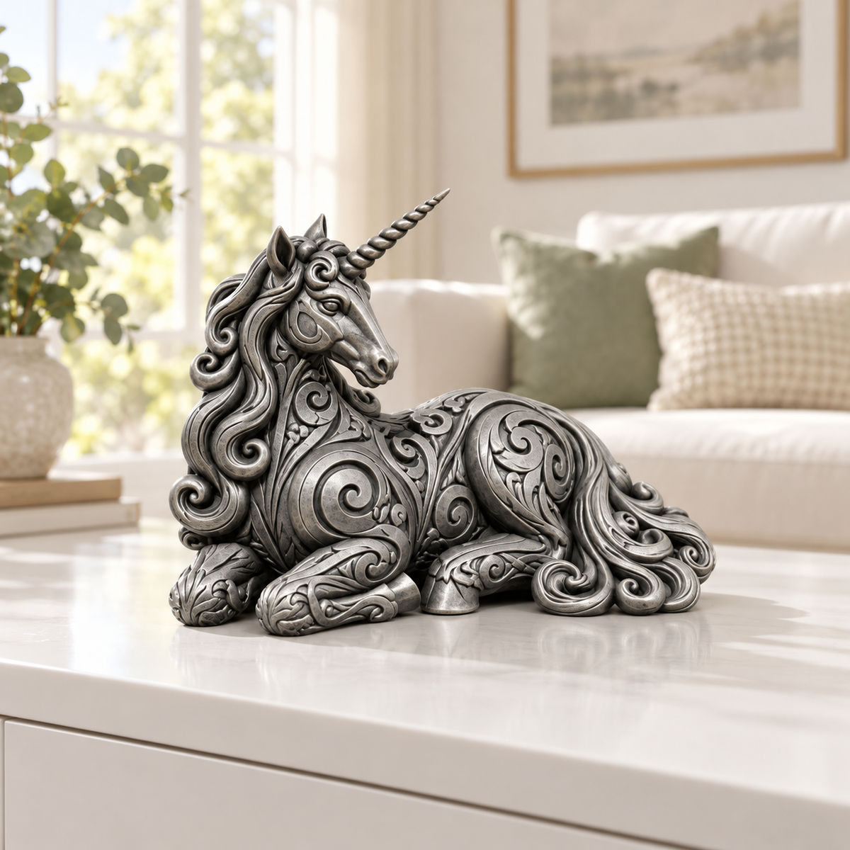 Liegendes Einhorn Ornament - Silber handbemalt Wohnzimmer