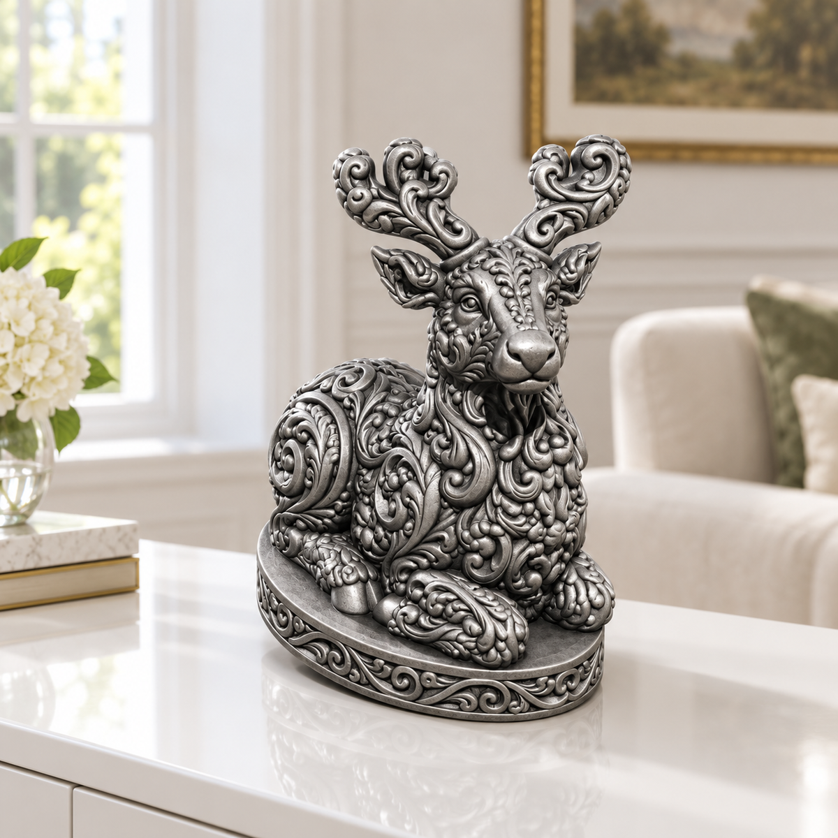 Liegendes Rentier Ornament - Silber handbemalt Wohnzimmer