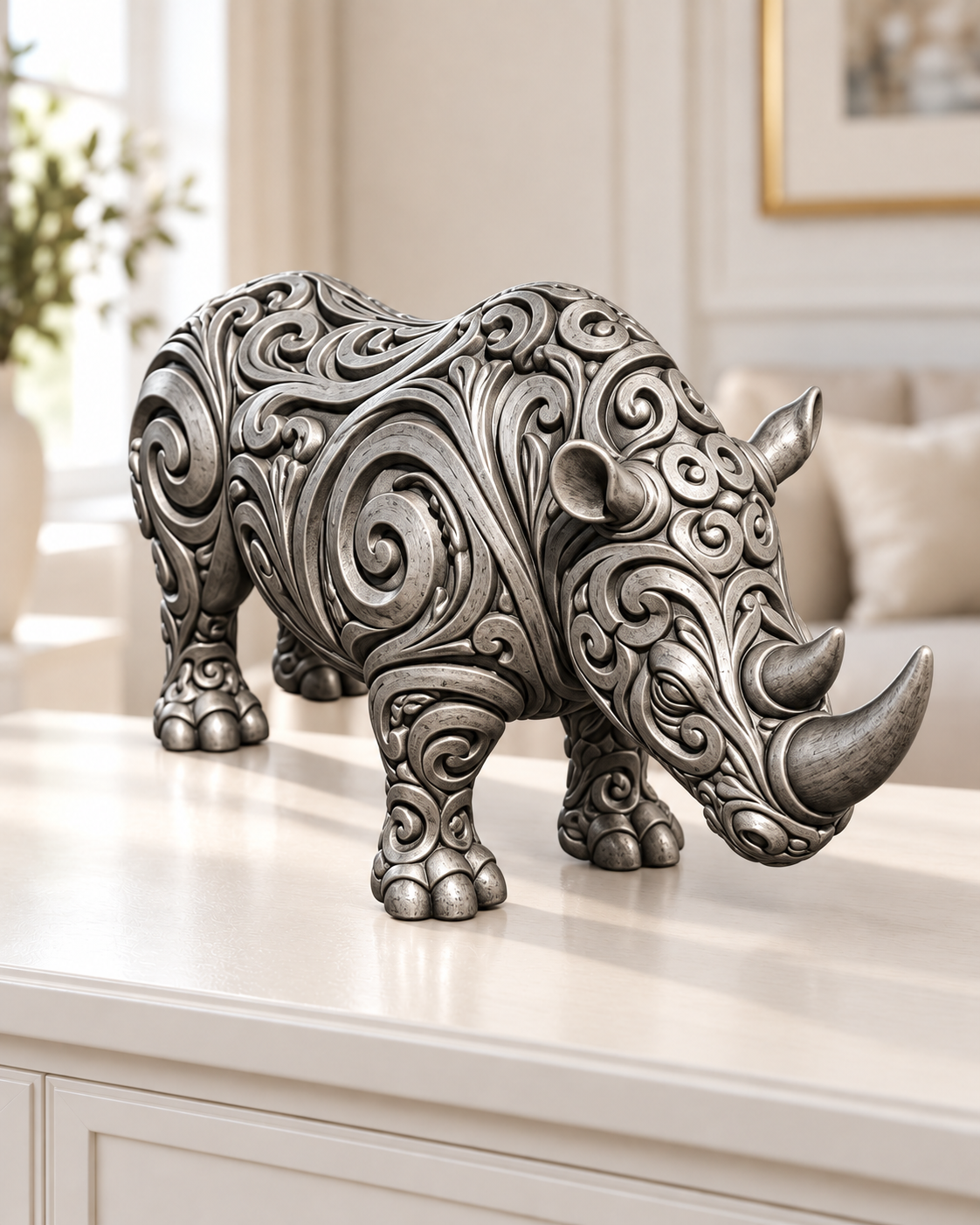 Nashorn Ornament - Silber handbemalt Wohnzimmer