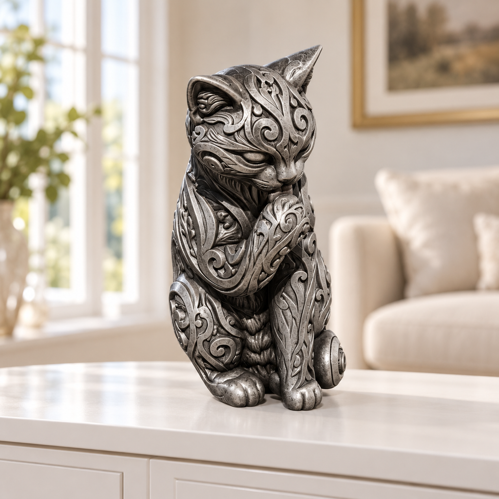 Katze beim Putzen Ornament - Silber handbemalt Wohnzimmer
