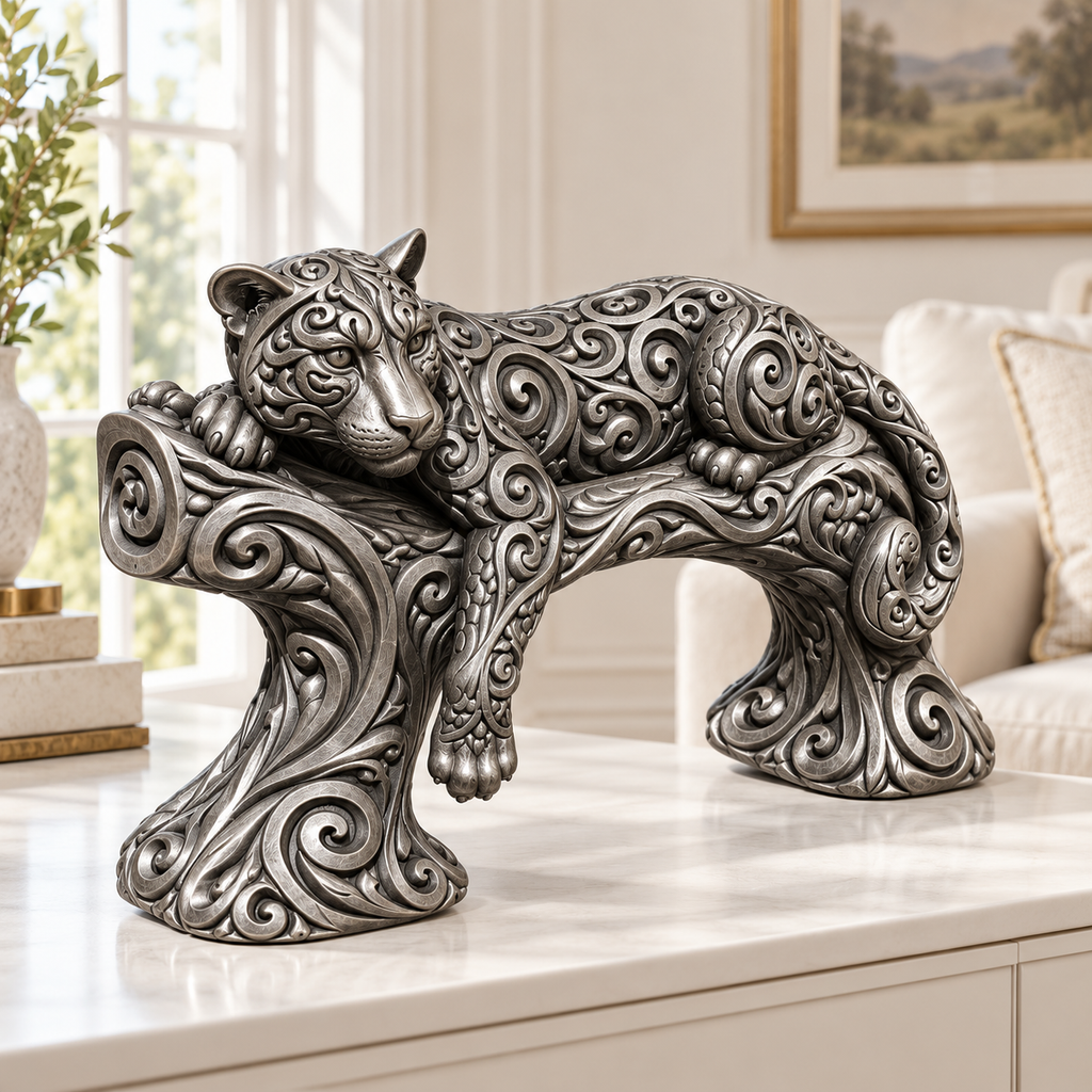 Leopard auf Ast Ornament - Silber handbemalt Wohnzimmer