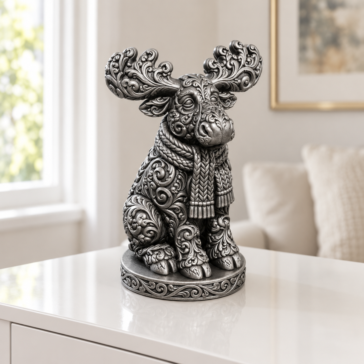 Elch mit Schal Ornament - Silber handbemalt Wohnzimmer