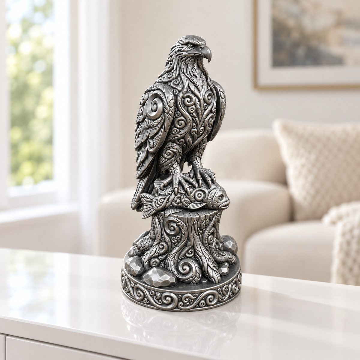 Fischadler auf Stamm Ornament - Silber handbemalt Wohnzimmer