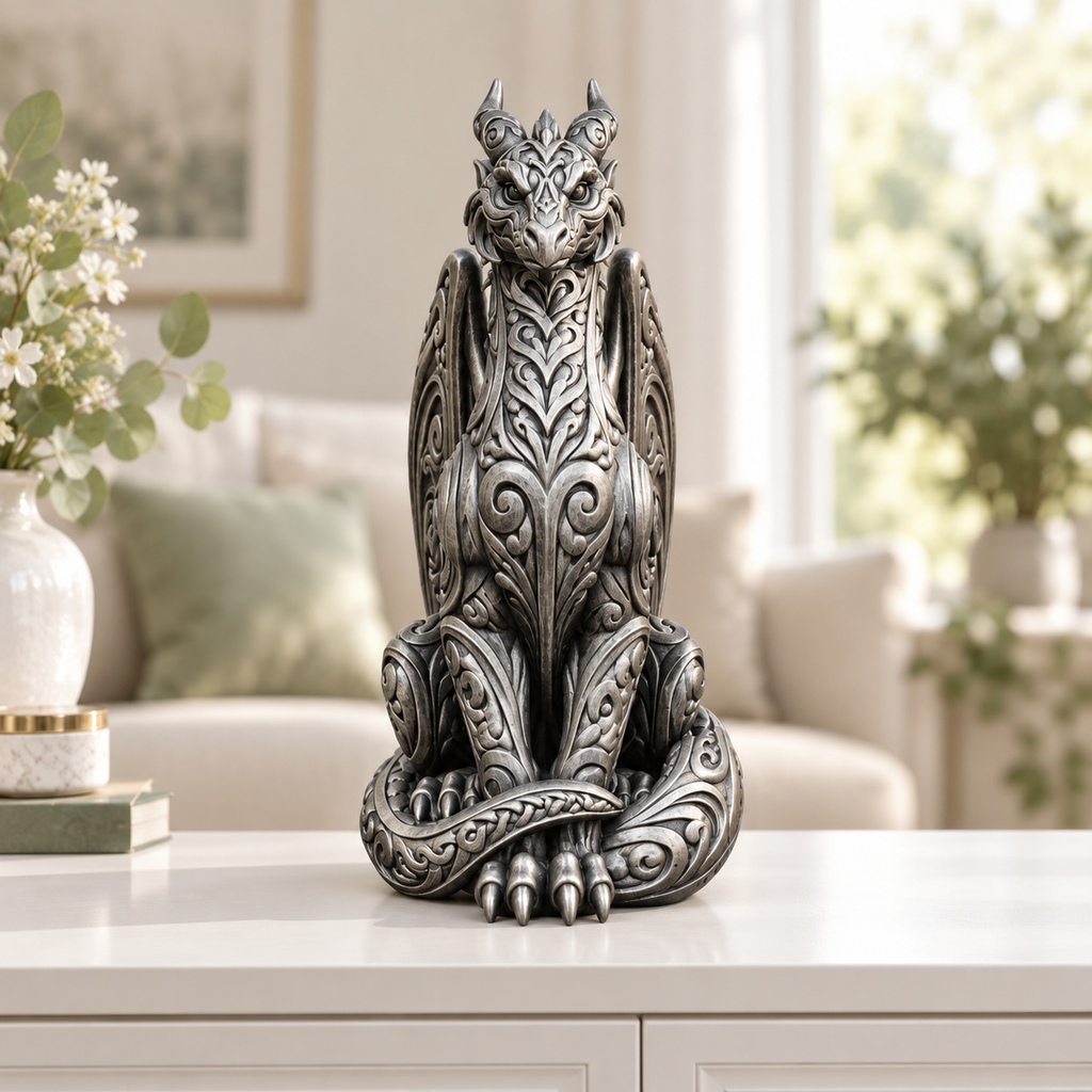 Sitzender Drache Ornament - Silber handbemalt Wohnzimmer