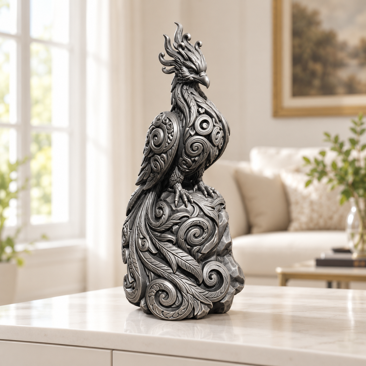 Sitzender Phönix Ornament - Silber handbemalt Wohnzimmer