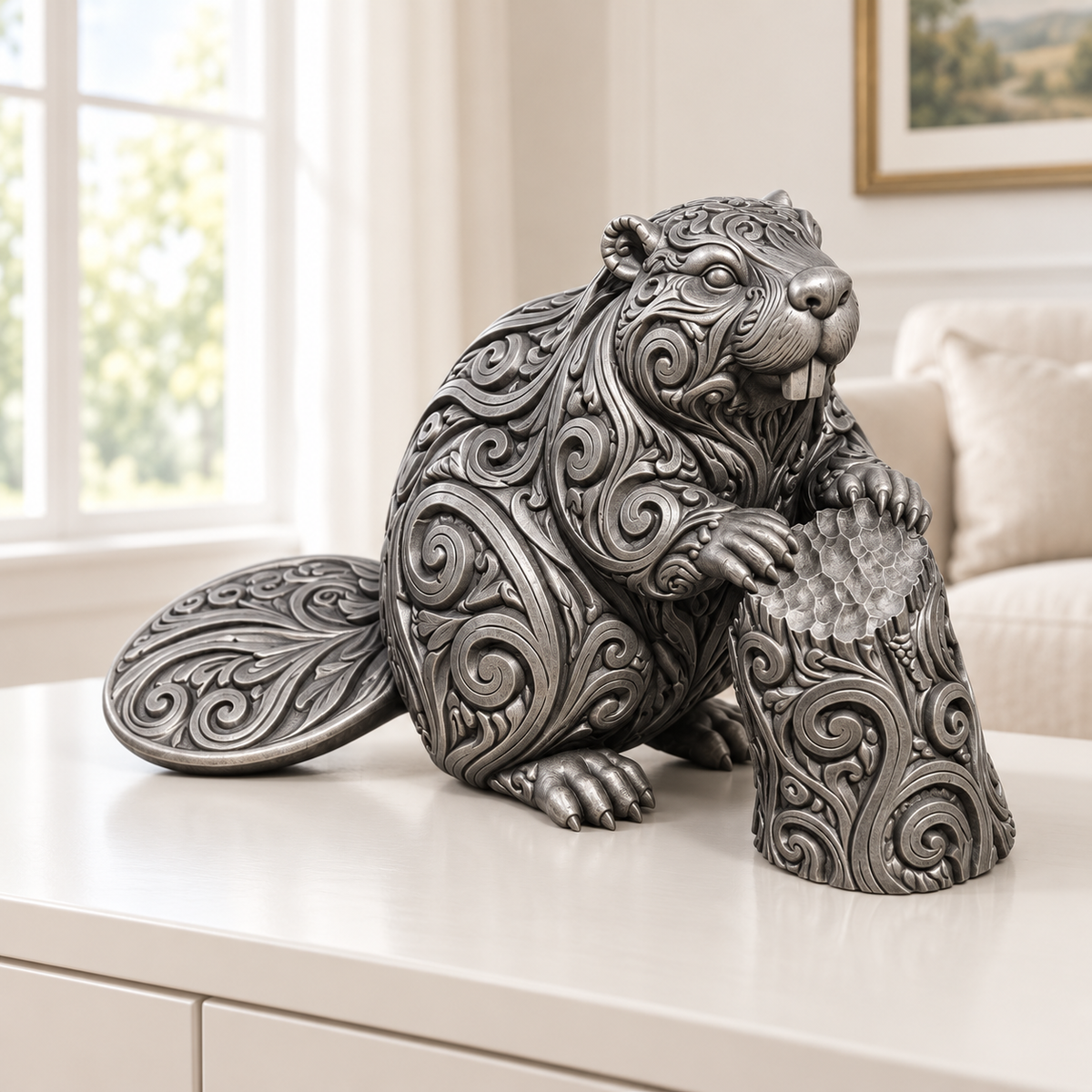 Biber am Baumstamm Ornament - Silber handbemalt Wohnzimmer