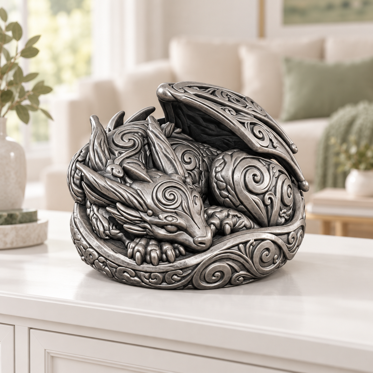 Schlafender Drache Ornament - Silber handbemalt Wohnzimmer