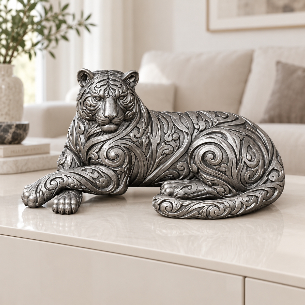 Liegender Tiger Ornament - Silber handbemalt Wohnzimmer