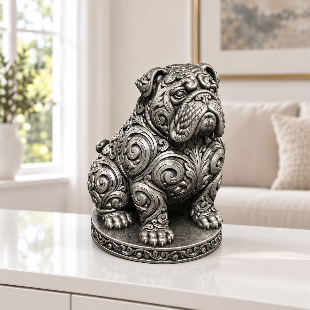 Englische Bulldogge sitzend Ornament - Silber handbemalt Wohnzimmer