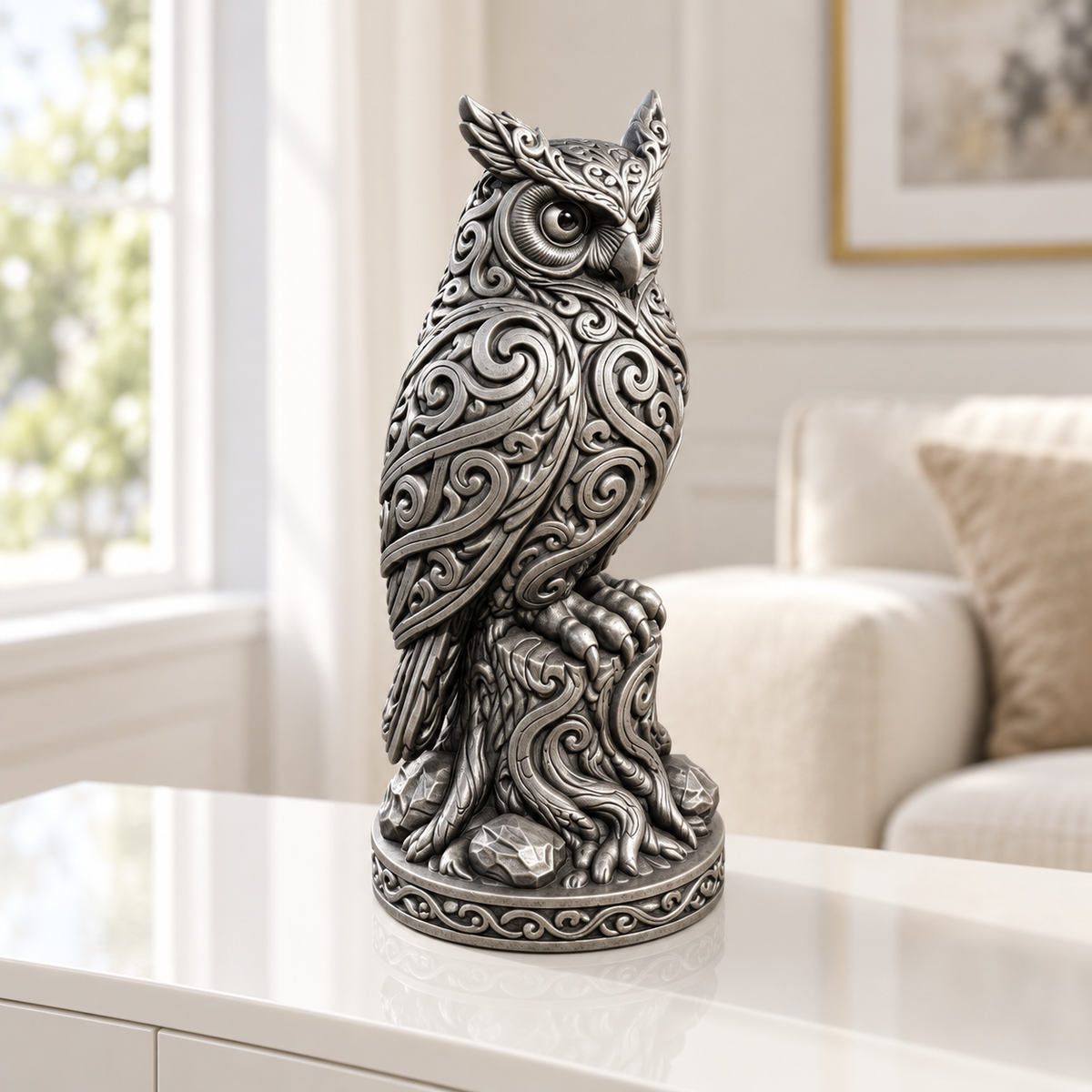 Waldkauz auf Baumstumpf Ornament - Silber handbemalt Wohnzimmer