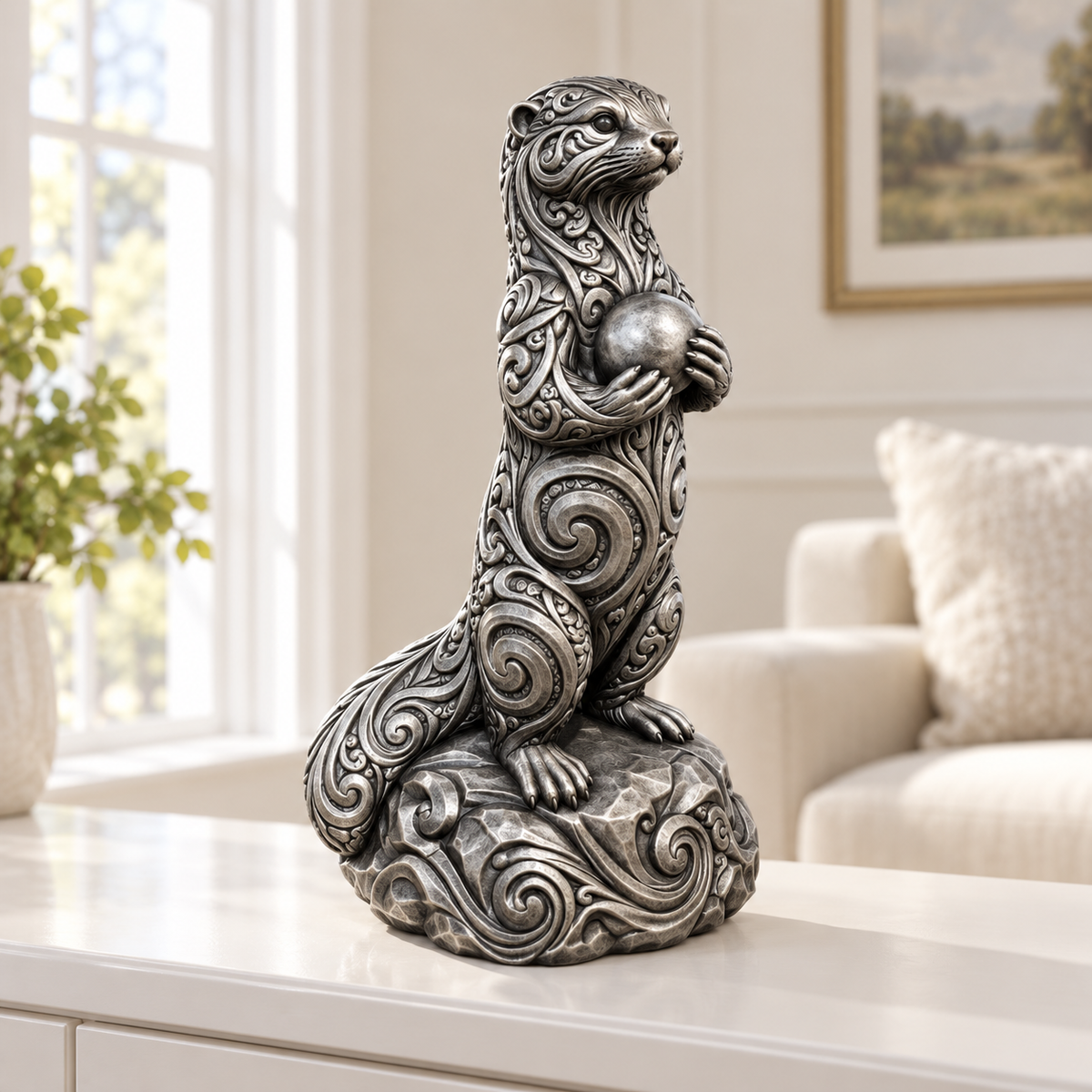 Otter mit Stein Ornament - Silber handbemalt Wohnzimmer