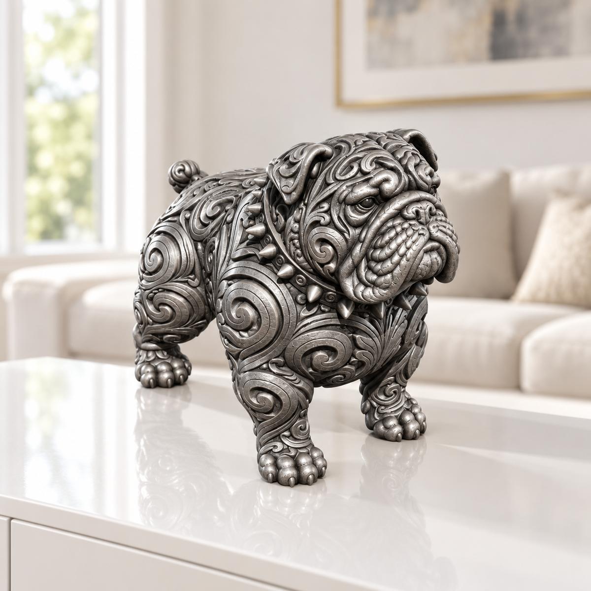 Bulldogge mit Halsband Ornament - Silber handbemalt Wohnzimmer