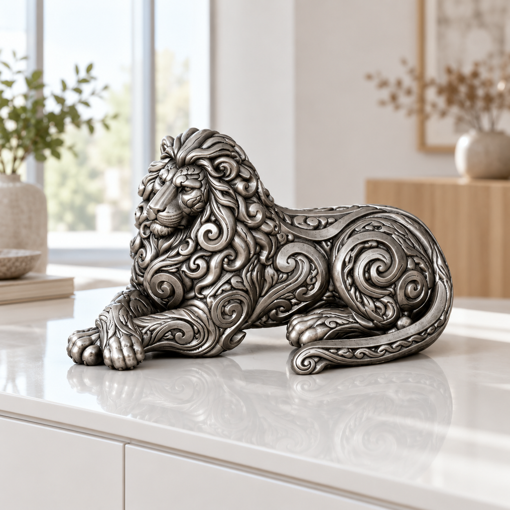 Liegender Löwe Ornament - Silber handbemalt Wohnzimmer