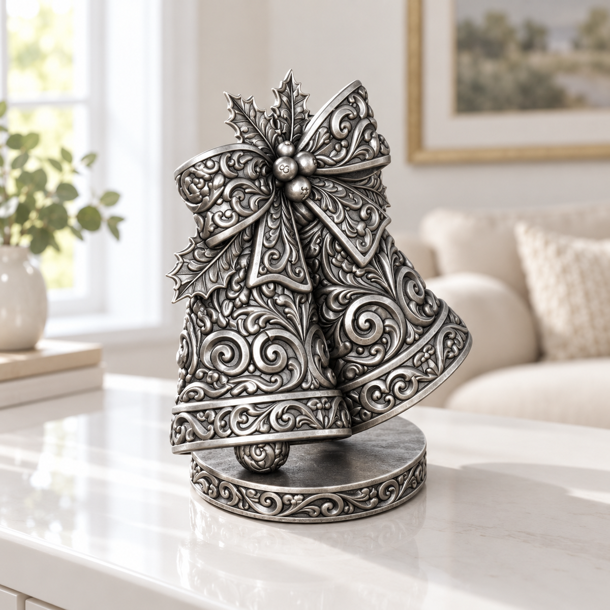 Glockenpaar Ornament - Silber handbemalt Wohnzimmer