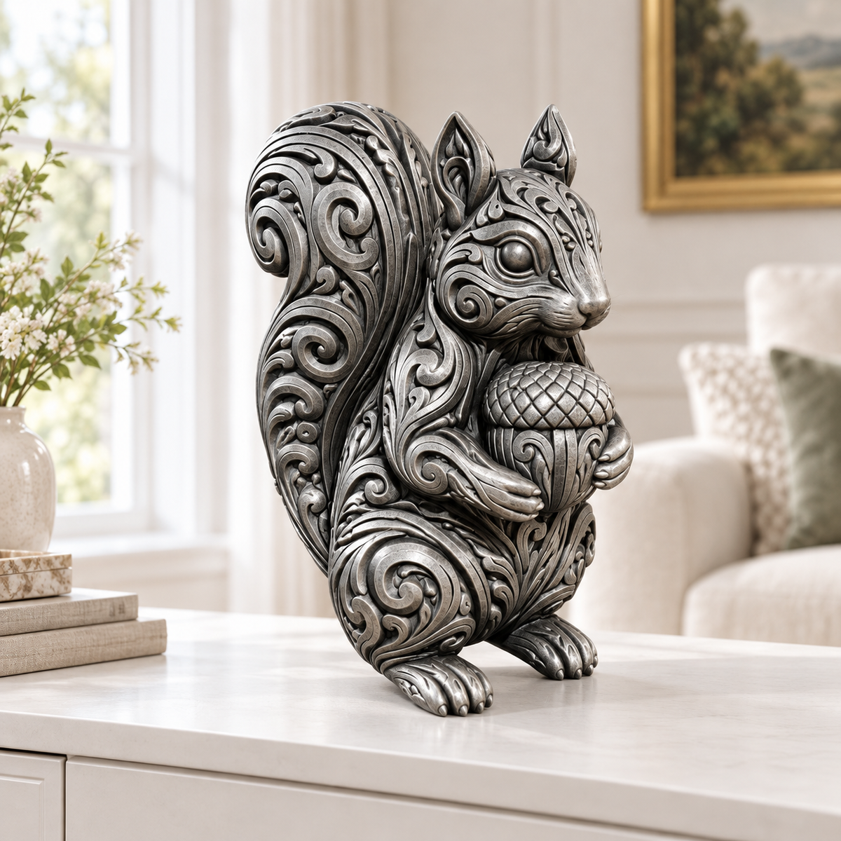 Eichhörnchen mit Eichel Ornament - Silber handbemalt Wohnzimmer
