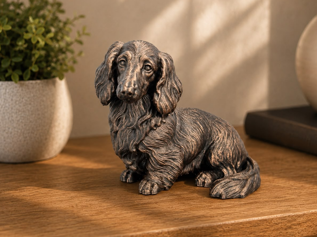 Langhaardackel – detailreiche sitzende Hundefigur | Geschenk für Dackel-Fans | Made in Germany Fehn-factory.de