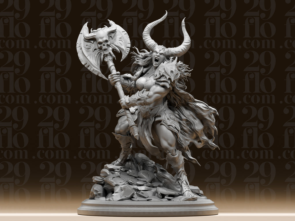 Dämonenkriegerin mit Totenkopf-Axt – Dark-Fantasy Skulptur FehnFactory