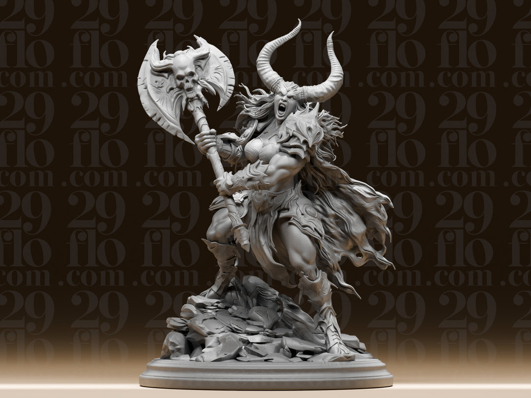 Dämonenkriegerin mit Totenkopf-Axt – Dark-Fantasy Skulptur FehnFactory