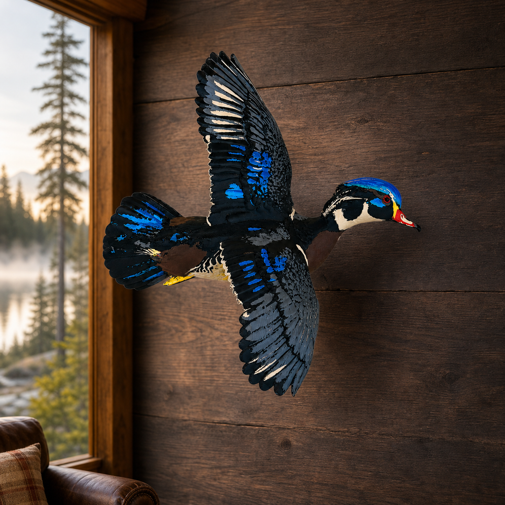 Fliegende Brautente – Mehrfarbige Wildvogel-Skulptur FehnFactory