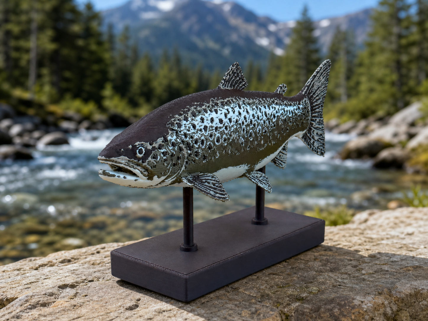Golden Brown Trout – Freistehende Forellen-Skulptur auf Displaysockel FehnFactory