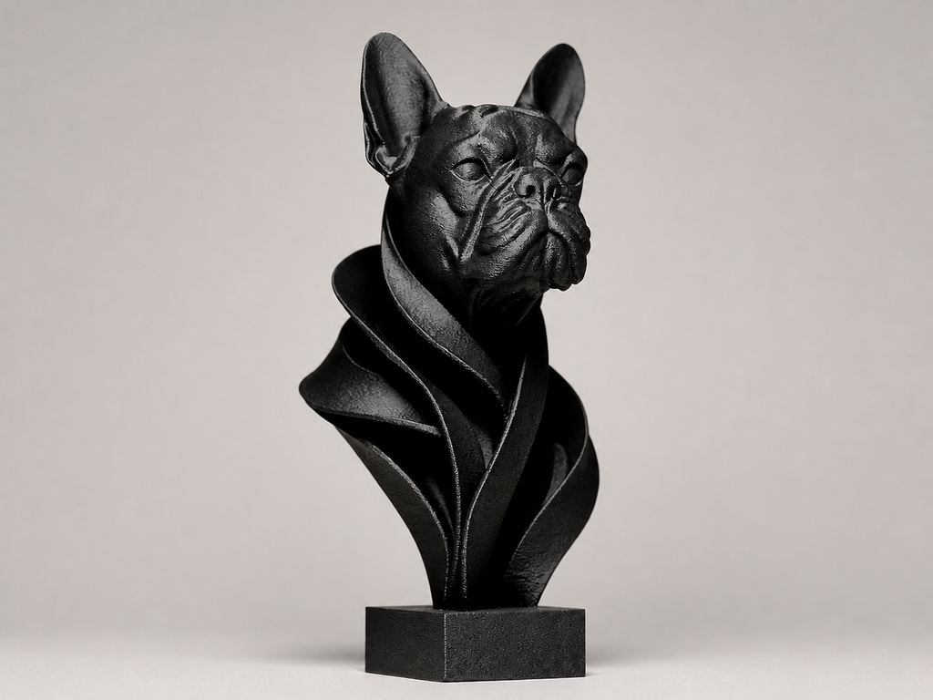 Moderne French-Bulldog-Büste – Hundeskulptur auf Sockel FehnFactory
