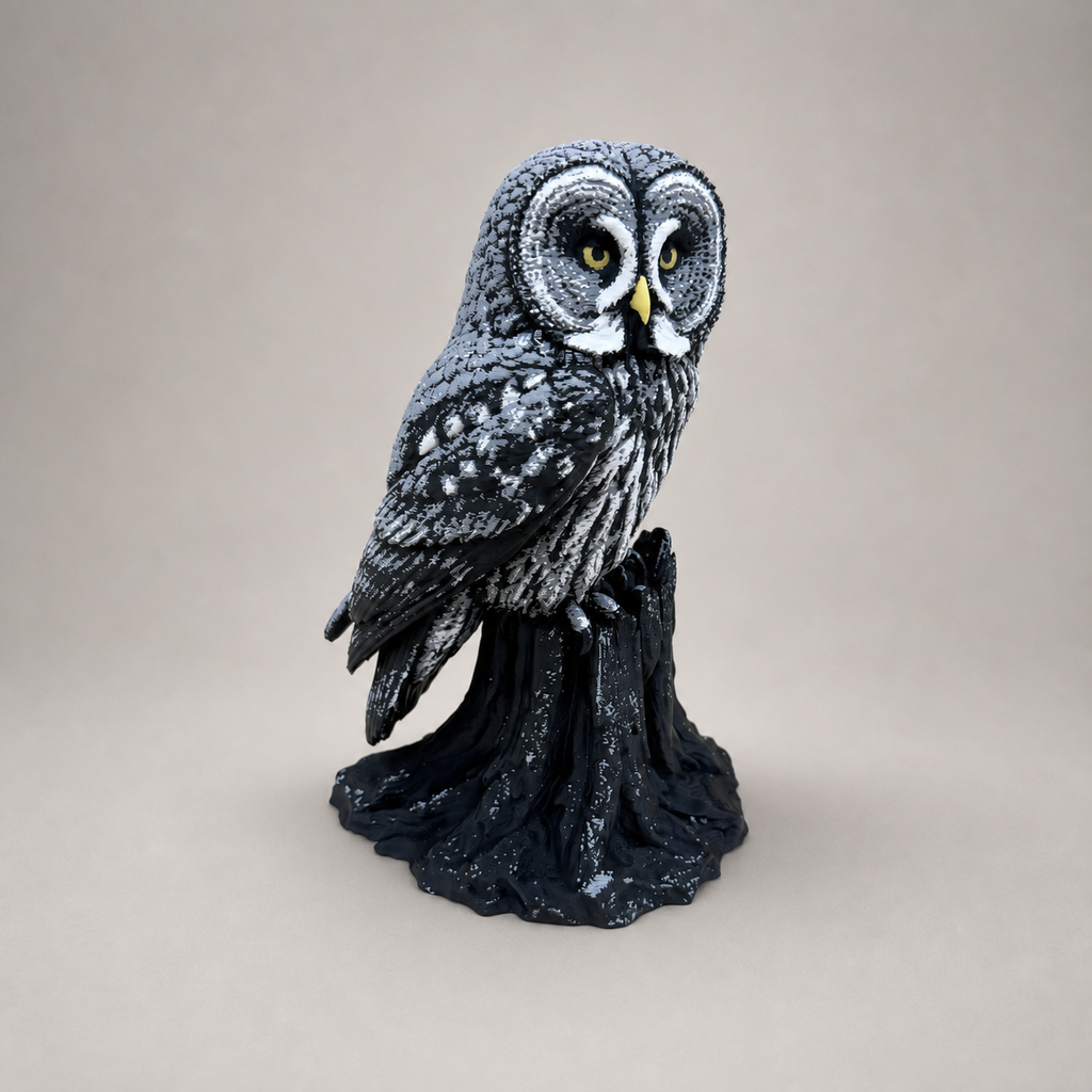 Great Gray Owl – mehrfarbige Bartkauz-Skulptur FehnFactory