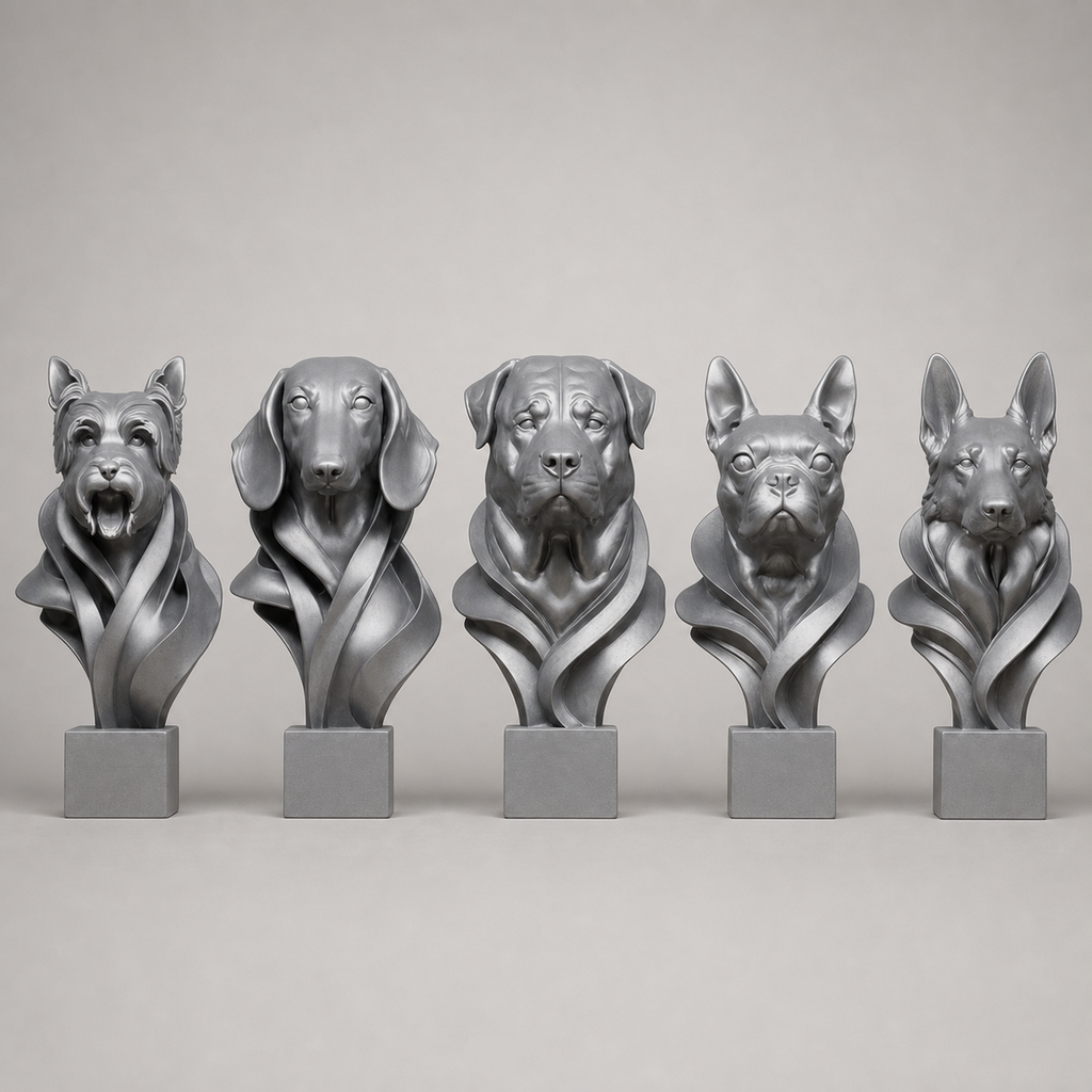 5 moderne Hundebüsten – Yorkshire Terrier, Dackel, Rottweiler, Boston Terrier & Deutscher Schäferhund FehnFactory