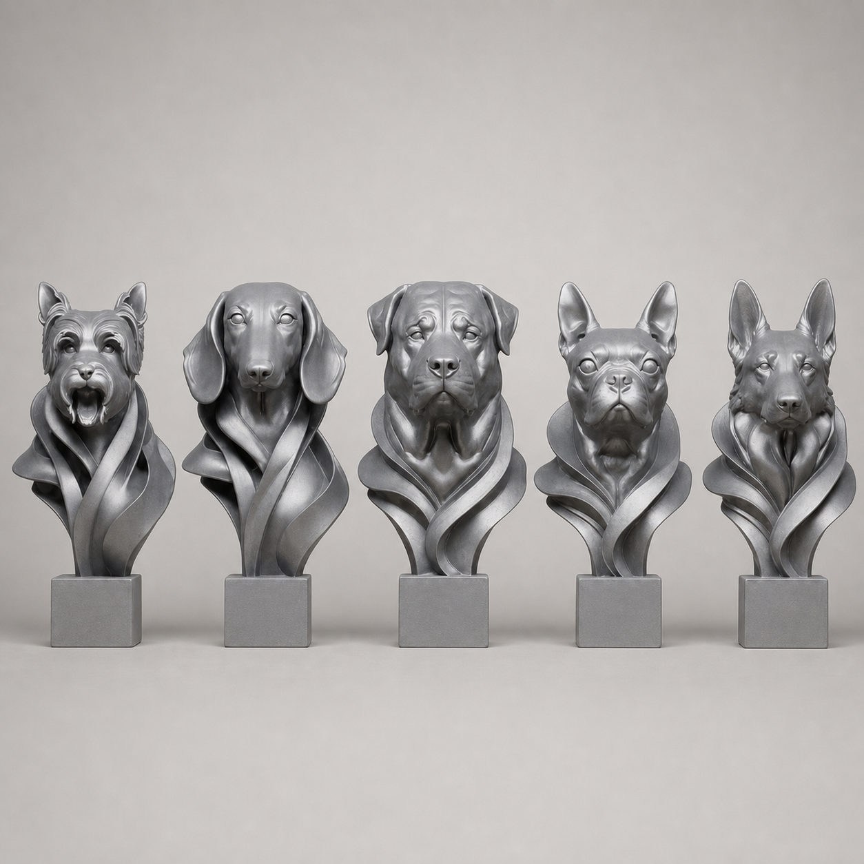 5 moderne Hundebüsten – Yorkshire Terrier, Dackel, Rottweiler, Boston Terrier & Deutscher Schäferhund FehnFactory