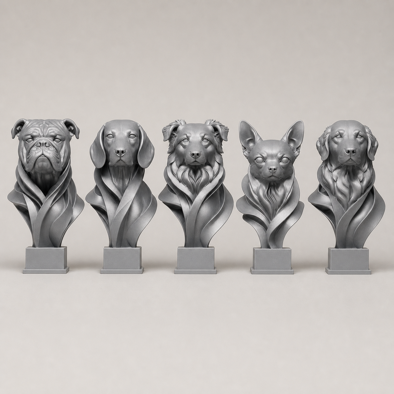 5 moderne Hundebüsten – Bulldogge, Beagle, Australian Shepherd, Chihuahua & Golden Retriever FehnFactory