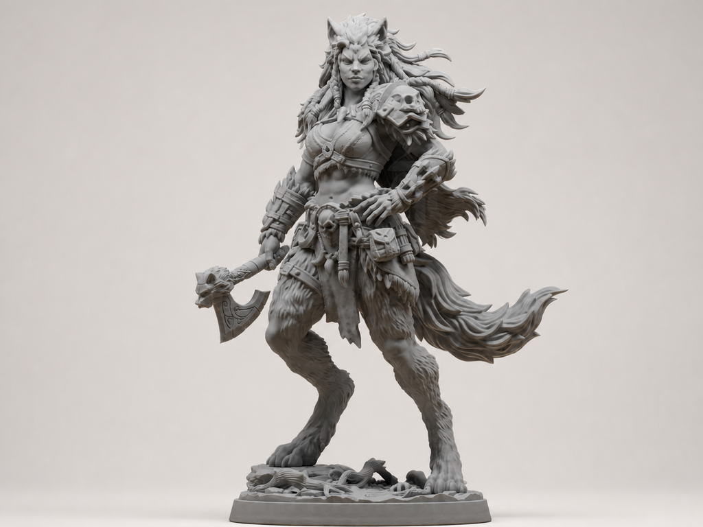 Wolfskriegerin mit Streitaxt – Fantasy-Skulptur FehnFactory