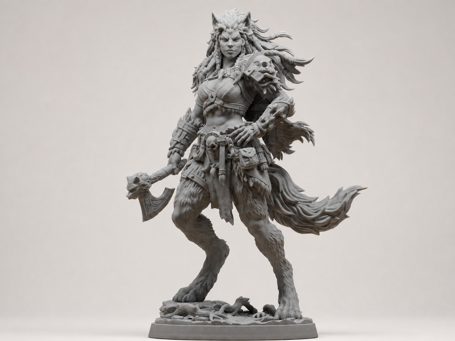 Wolfskriegerin mit Streitaxt – Fantasy-Skulptur FehnFactory
