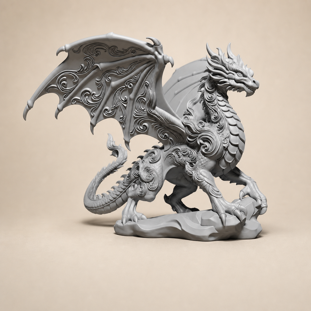 Floral-Drachenskulptur – Geflügelter Fantasy-Drache FehnFactory