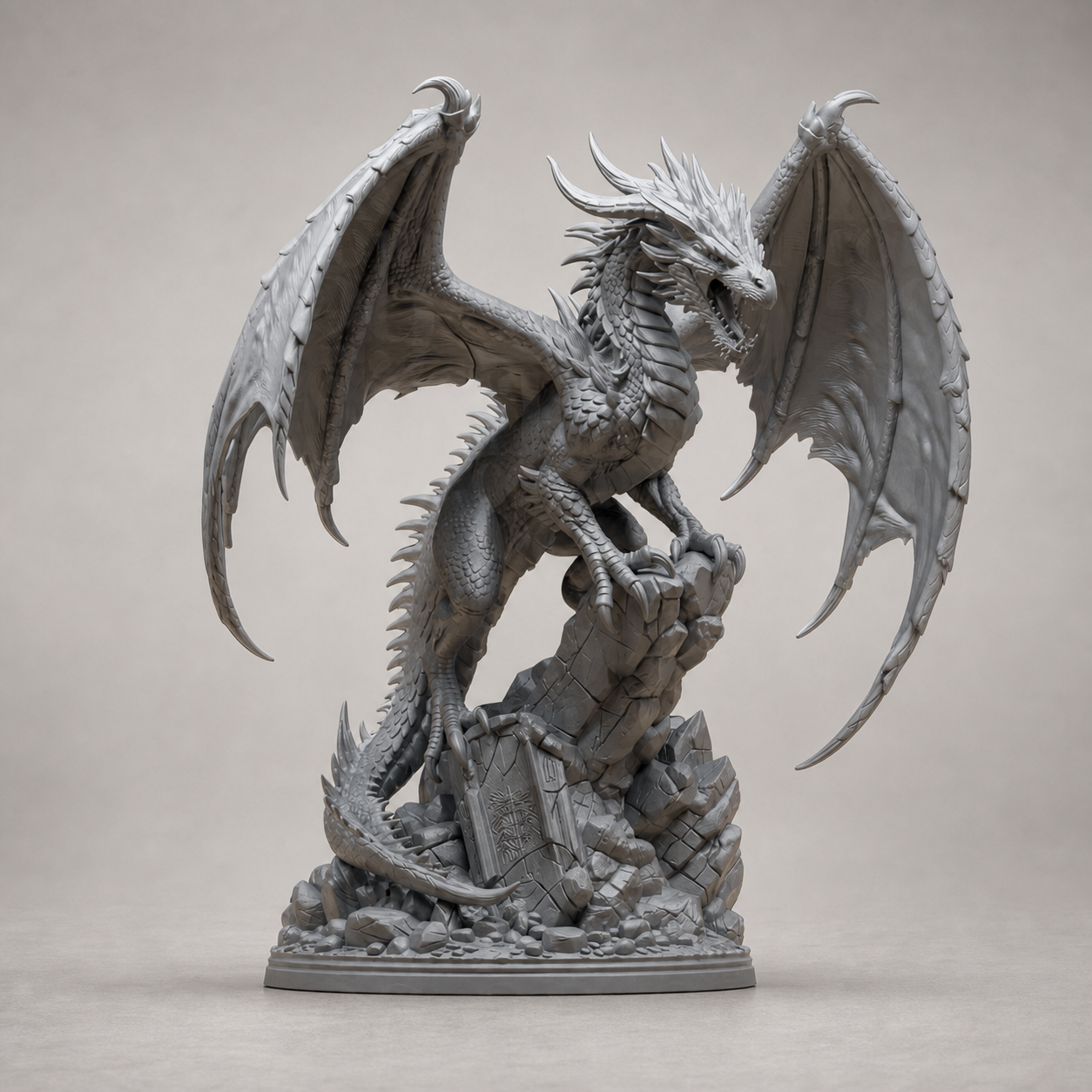 Brüllender Flügeldrache – Fantasy-Statue auf Ruinensockel FehnFactory