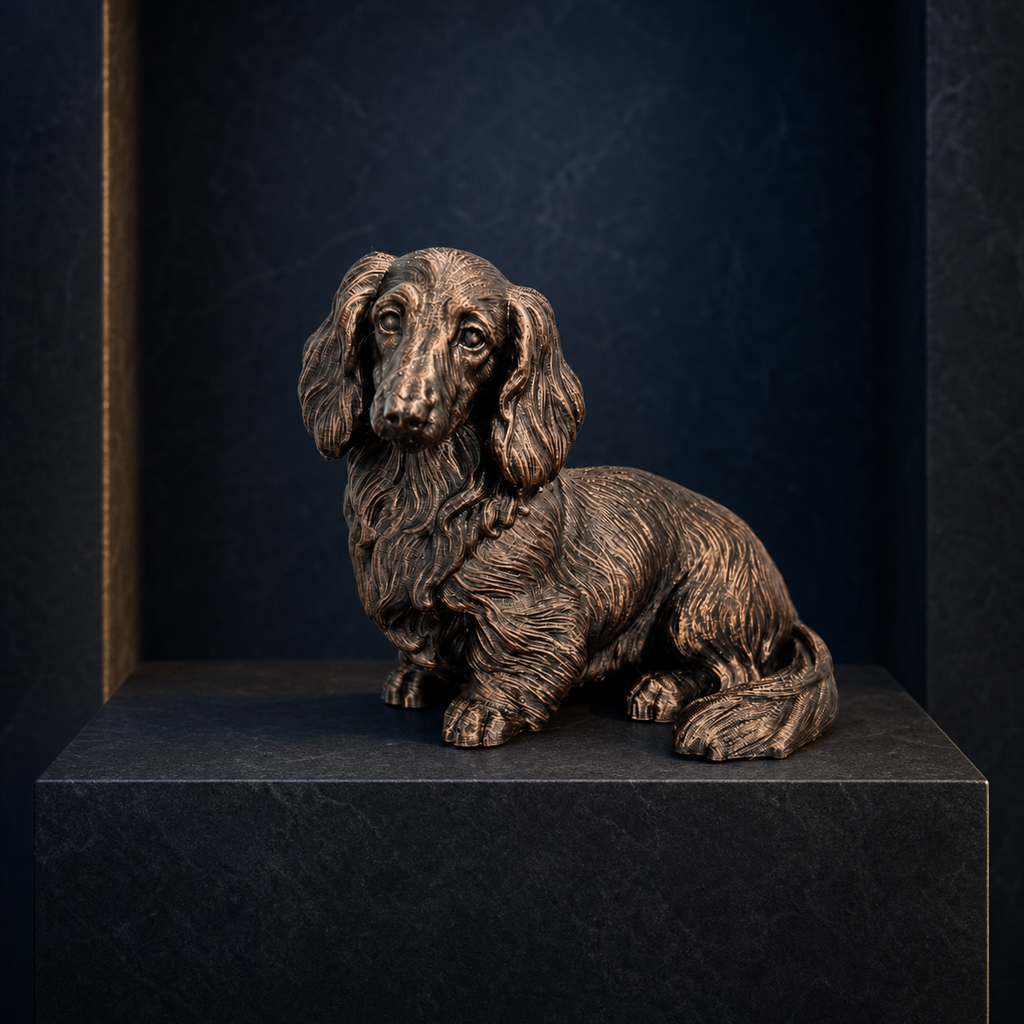 Langhaardackel – detailreiche sitzende Hundefigur | Geschenk für Dackel-Fans | Made in Germany Fehn-factory.de